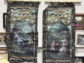 A pair of painted and textile theatre production banners. 70" x 34".