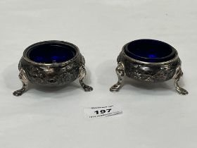 A near pair of Victorian silver salts with liners, London 1851. 3" diam. 5ozs 5dwts