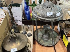 An Islamic brass lantern; a pair of silver miniature photograph stands and other metalware.