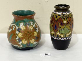 Two Gouda vases, 7" and 6" high