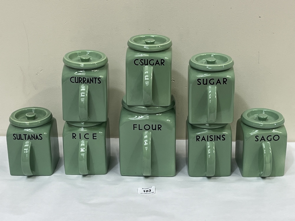 A set of eight Poulton & Co Bristol kitchen ware storage jars and covers. c. 1935