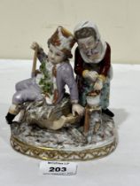 A 19th Century Dresden porcelain group allegorical of winter, the boy sitting on a sledge with a