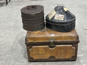 A tin trunk; a tin hat box and a sieve (3)