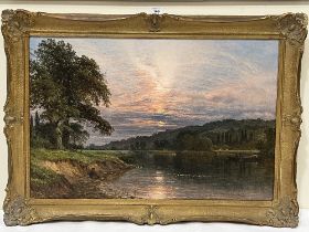 ENGLISH SCHOOL. 19TH CENTURY An extensive evening river landscape with angler. Indistinctly signed