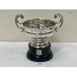 A George V silver trophy bowl. Birmingham 1926. Engraved inscription. 9" wide over handles