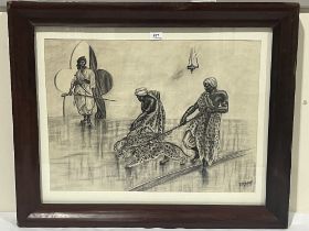 P RIDOUT. 20TH CENTURY Interior scene with figures and leopards. Signed. Charcoal on paper. 19" x