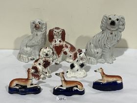 A collection of eight 19th Century Staffordshire dogs to include three greyhound pen stands.