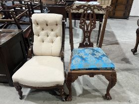 A Victorian mahogany and upholstered parlour chair and a Chippendale style dining chair.