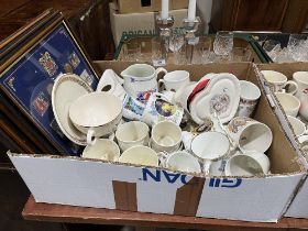 Two boxes of ceramics and a box of glassware.