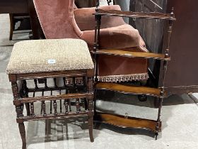 A Victorian spindle turned mahogany piano stool and a set of wall shelves.