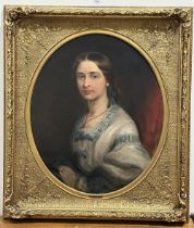 JAMES EDGELL COLLINS. BRITISH 1819-1895 A porttrait of Mary Wedgwood, she wearing a blue trimmed