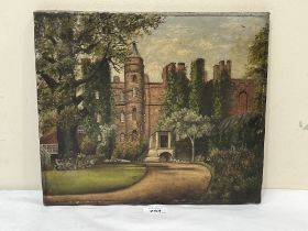 ENGLISH NAIVE SCHOOL. 19TH/20TH CENTURY. A country house garden. Oil on canvas 12" x 14". Unframed.