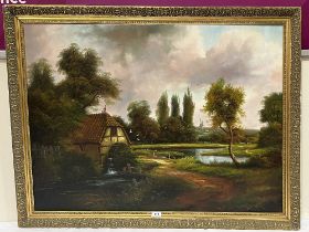 ANDREW GRANT KURTIS. BRITISH 20TH CENTURY. A watermill in a landscape. Signed. Oil on canvas. 30"