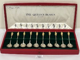 A cased set of ten silver commemorative Queen's Beasts spoons, limited edition no 1778/2000.