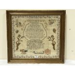 A George III needlework sampler by Sarah Tasker 1812, worked with religious verse, country house,