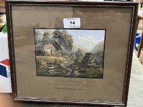 A framed print with gouache heightening. Vue Sur Le Wetterhorn. 4¾" x 6½".