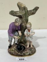 A 19th Century Meissen group of a gentleman and child gathering bird's eggs. 7½" high. Lacking