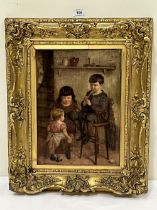 19TH CENTURY SCHOOL Cottage interior with children, one playing a whistle. Oil on lined canvas 15" x