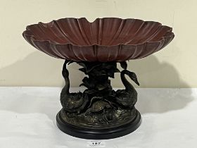 A 19th Century oriental bronze and carved stone centrepiece bowl, the base cast with two birds, a