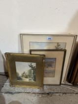 Three watercolours and a 19th Century engraving.