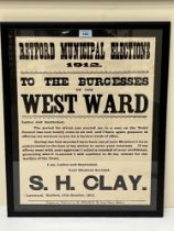 A framed electoral poster for the 1912 Retford ward. 21" x 16½".