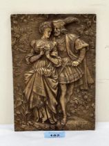 A 19th Century Continental gilt bronze plaque, cast in relief with two lovers in a garden. 8¾" x