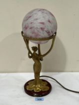 An early 20th Century Art-Nouveau gilt metal figural table lamp with frosted marbelled globular