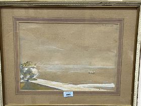 MARY EASTMAN. BRITISH 1906-1990. An extensive beach scene. Signed and dated 1956. Gouache on paper