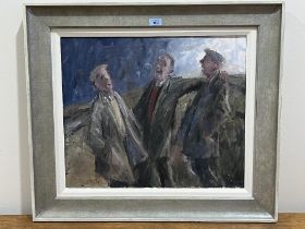 GARETH PARRY; R.C.H; WELSH Bn 1951. Three Friends Telling a Tale. Signed. Inscribed verso. Oil on