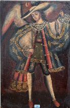 PERUVIAN CUZCO SCHOOL. The Archangel Michael. Oil on canvas. 30" x 20". Unframed.