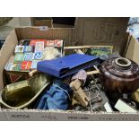 A box of metalware and sundries.