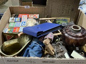 A box of metalware and sundries.