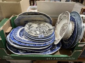 A box of blue and white ceramics with a George IV Swansea monochrome plate, Ladies With Baskets c.