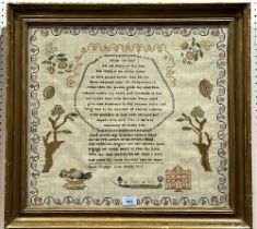 A George III needlework sampler by Sarah Tasker 1812, worked with religious verse, country house,