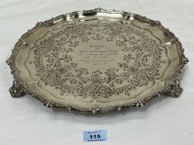 A Victorian silver salver, London 1859. 14" diam. Engraved. 40ozs 15dwts