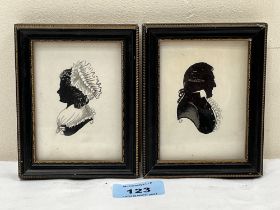 19TH CENTURY SCHOOL. A pair of portrait profile silhouettes. Initialled L.F. Watercolour. 4" x 3".