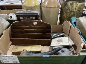 Two boxes of wood, metalware and sundries.