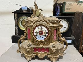 Two 19th Century black slate mantle clocks and another in gilt speltar (AF).