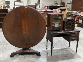 An early Victorian mahogany snap-top table; an oak desk; a wireless receiver and a Celestion speaker