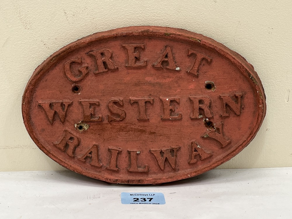 An early 20th Century painted wood Great Western Railway oval plaque. 8½" wide.