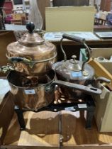 A copper samovar, kettle and other metalware.