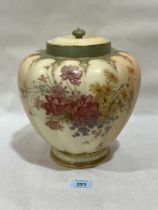 A Royal Worcester blush ivory jar and cover, gilded and painted with summer flowers. Shape 1312. 10"