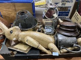 A box of wood and metalware to include a carved rabbit with articulated limbs.