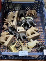 A box of hardstone, treen and brass animals.