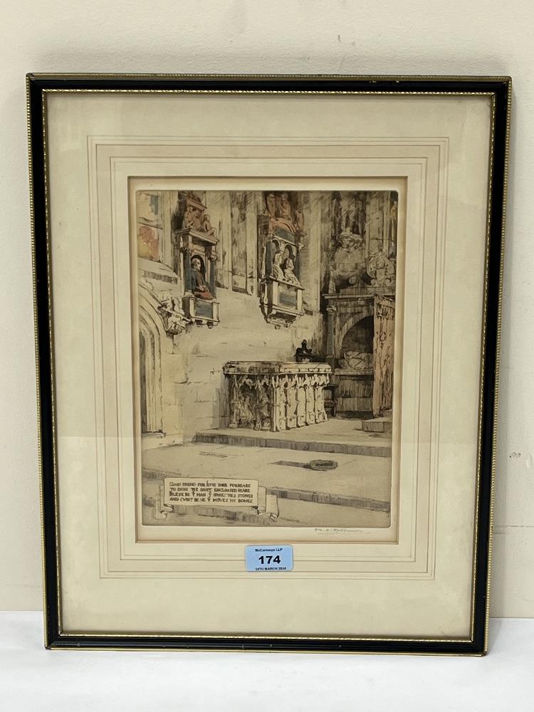 MABEL C ROBINSON; A.R.E; BRITISH 1875-1953. Shakespeare"s Tomb. Signed in pencil. Etching 11" x 8".