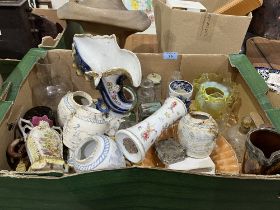 A box of ceramics and glassware.