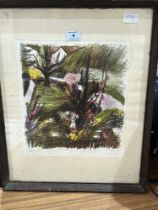 A signed print, garden scene.