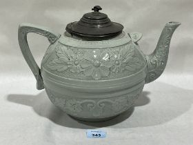 A Victorian glazed teapot with pewter lid and mount. 13½" over handle and spout.
