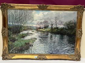 RON HUMPHRIES. BRITISH CONTEMPORARY. Winter Afternoon, the Teme at Leintwardine. Signed. Inscribed