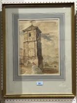 LAWRENCE BURD. BRITISH FL. 1848-1870. A tower in a landscape. Watercolour 14" x 10".